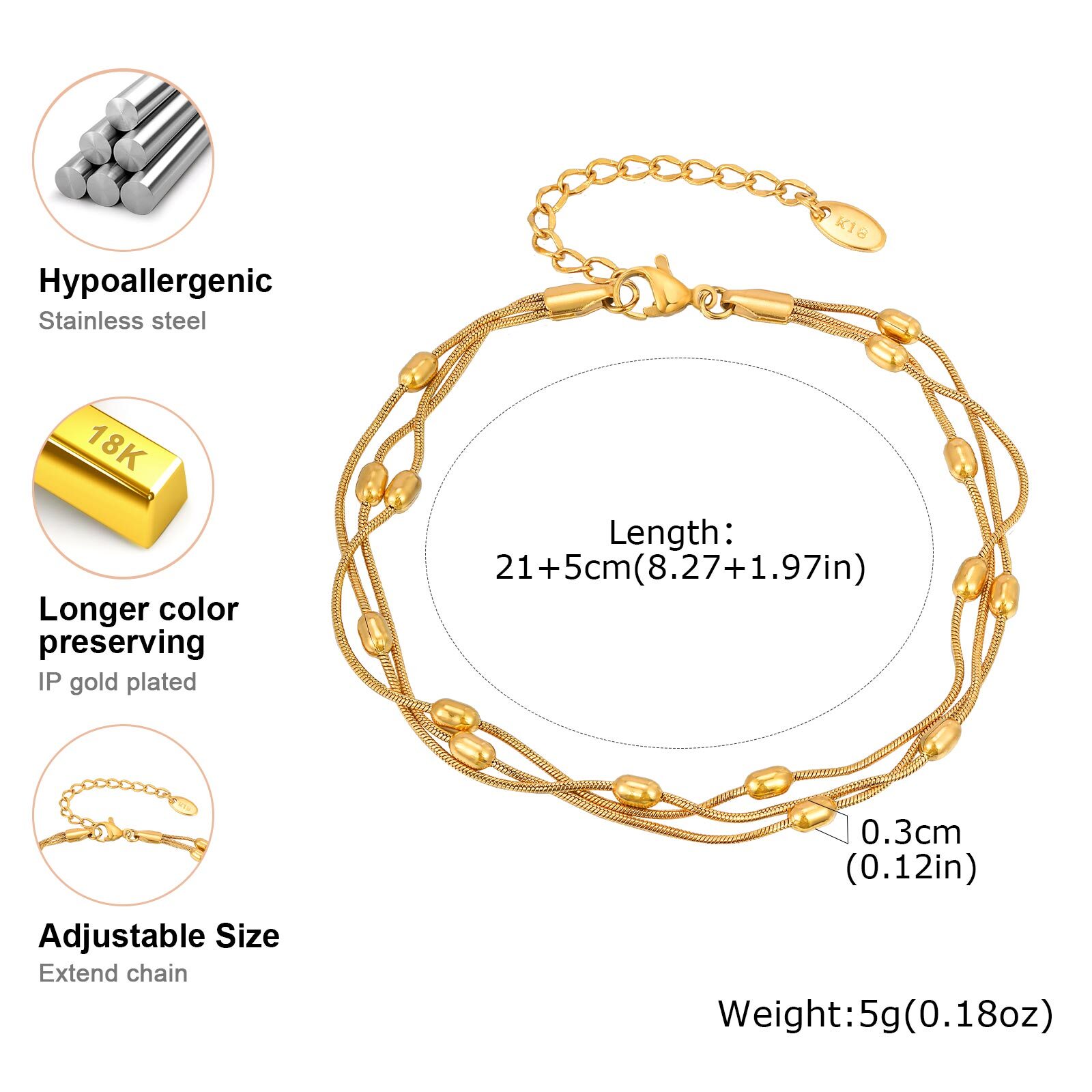 Vnox Gelang Rantai Ular Tiga L - Jc Jewelry & Watches ulasan dan harga